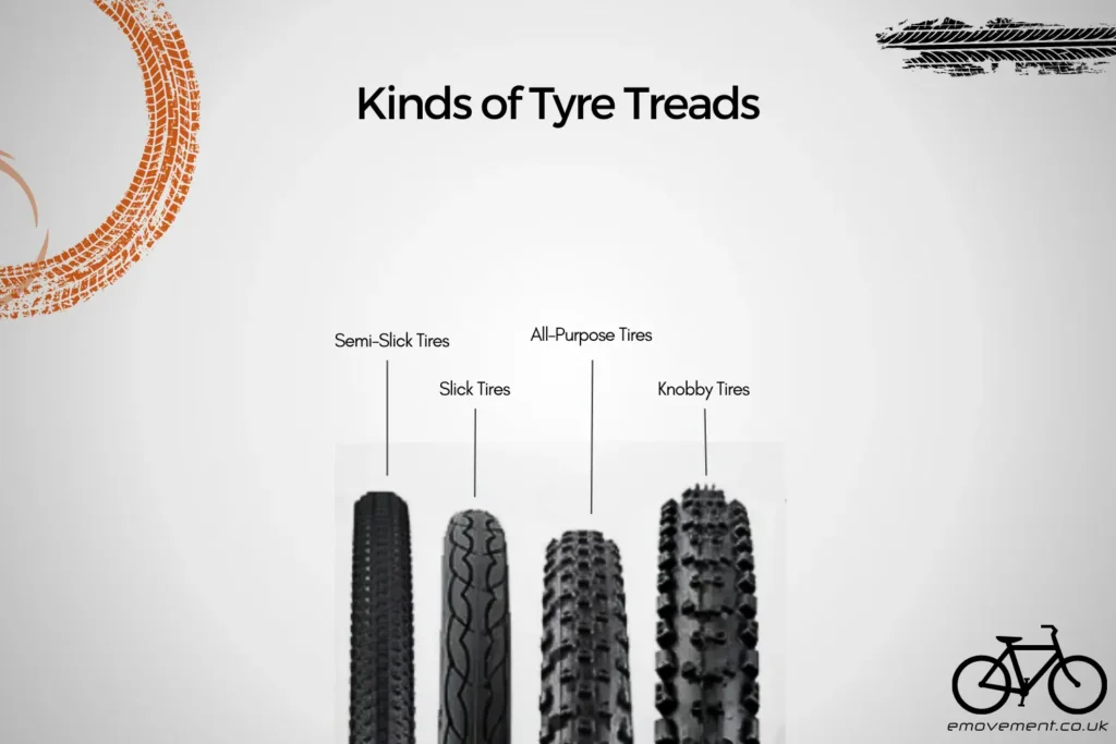 4 kinds of tyre treads including: semi-slick tyres slick tyres all purpose tyres knobby tyres